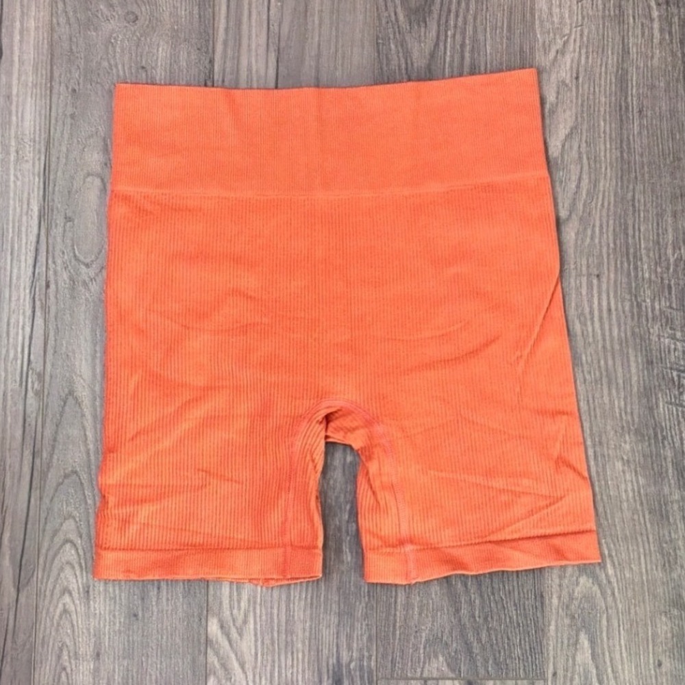 Orange Seamless Ribbed Biker Shorts High Waisted Athletic Compression Workout L